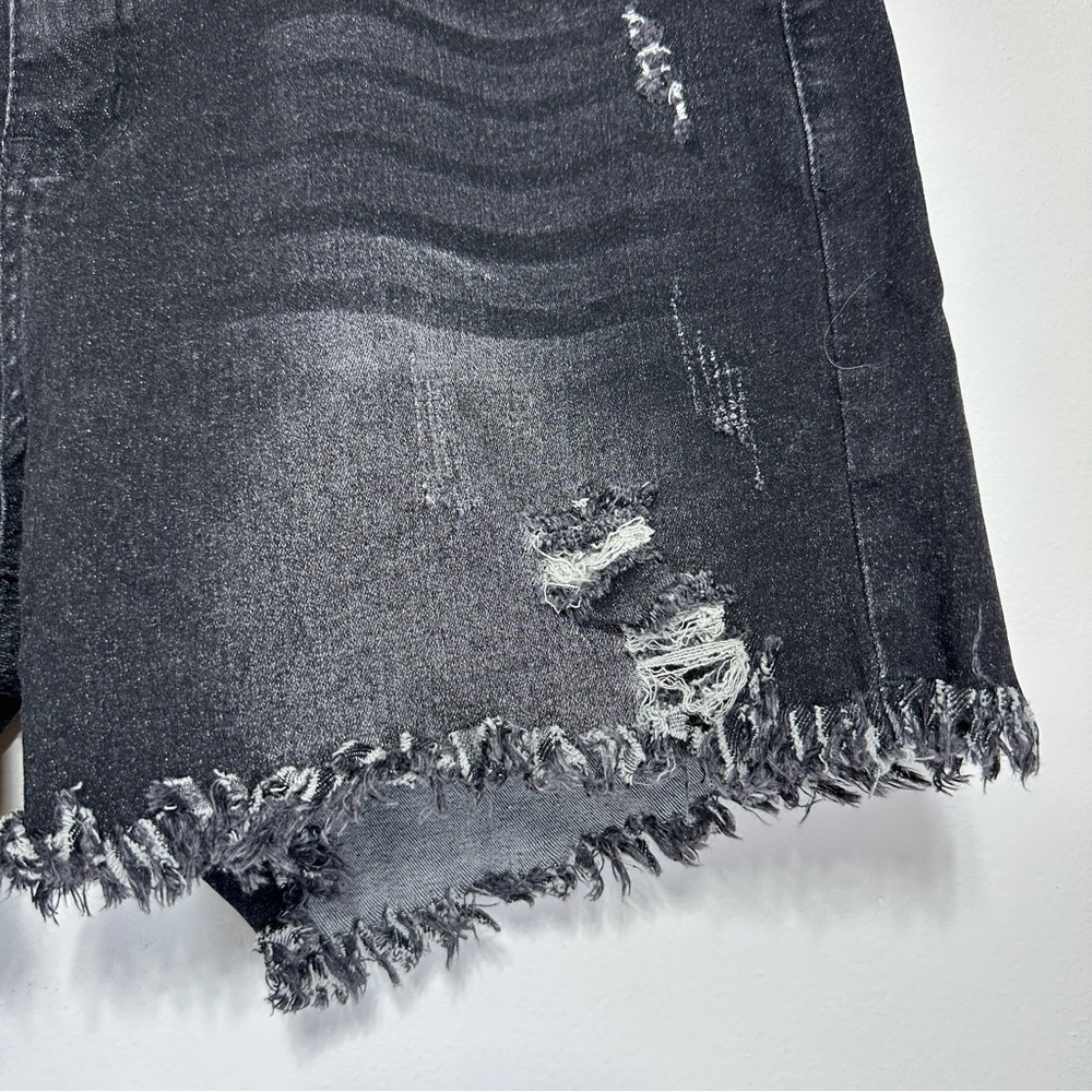 Black Distressed Denim Shorts Raw Hem Mid Rise Stretch Jean Shorts Size XL - Picture 3 of 5